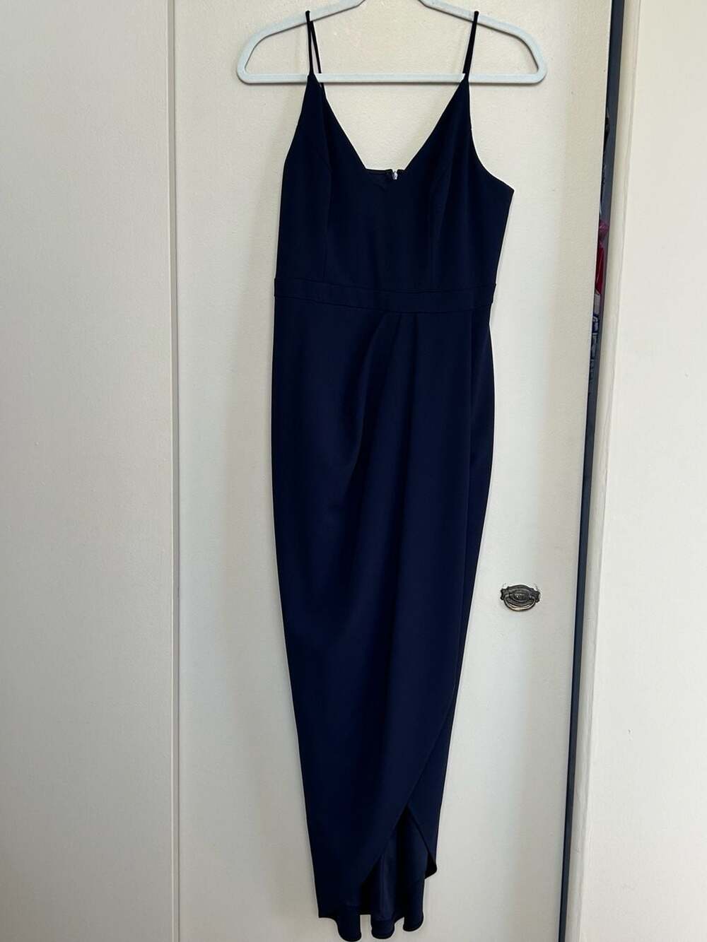 Bhldn Lyra V-Neck Faux Wrap Crepe Midi Dress Size 12 Navy Blue